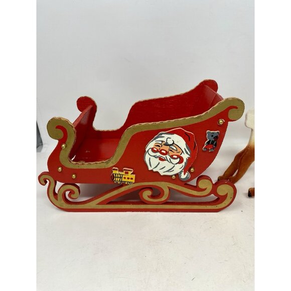 Vintage 1950s Red Wooden Santa Sleigh With Felted Reindeer Japan Folds Flat - Picture 6 of 15